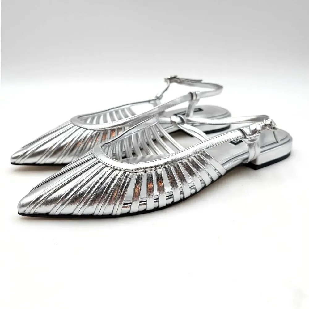 Nine West Duria Slingback Flats Pointed Toe Women's Silver Size US8M EU38.5